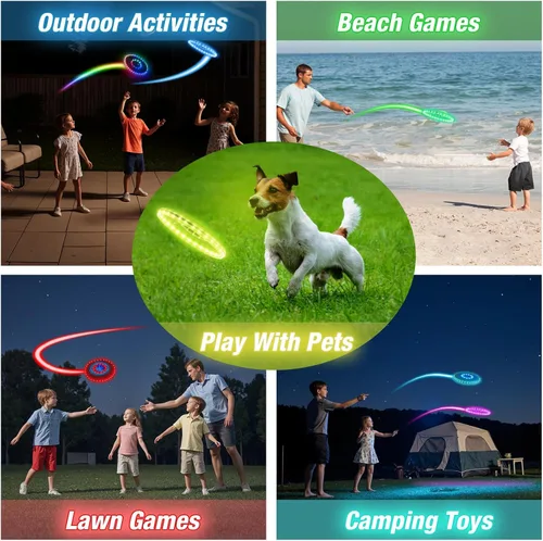 Vista 7 de HYES Paquete de 2 discos voladores iluminados para niños, 45 LED, 14 modos de iluminación, anillo volador recargable que brilla en la oscuridad