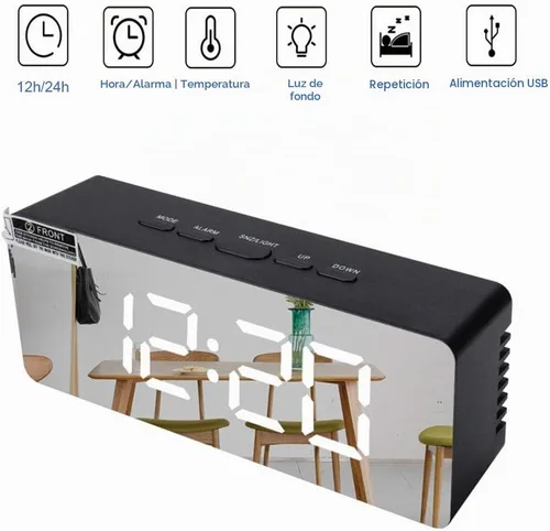 Vista 2 de Reloj despertador digital, pantalla LED grande con espejo con función de repetición, brillo ajustable, adecuado para el hogar, dormitorio, sala
