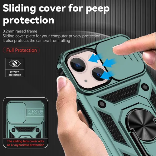 Vista 5 de Funda para iPhone 13, con cubierta para lente de cámara, protector de pantalla HD, [grado militar] anillo de montaje en coche con soporte híbrido