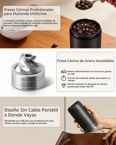 Vista 3 de CIRCLE JOY Molinillo de café eléctrico recargable, portátil, inalámbrico, con rebabas cónicas de acero inoxidable, ajuste externo de 90 niveles