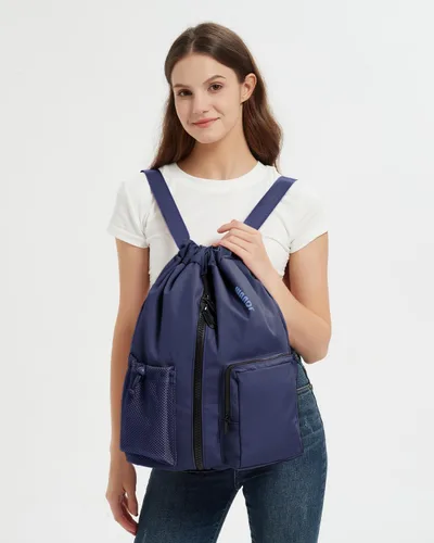 Vista 5 de WANDF Mochila deportiva con cordón y compartimento para zapatos, resistente al agua, bolsa de natación para mujeres y hombres, Azul marino, Mediana