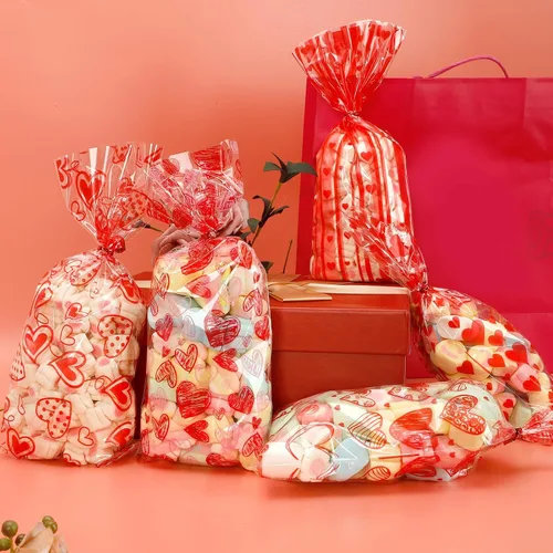 Vista 3 de Bolsas de dulces de San Valentín, 200 piezas de bolsas de celofán de San Valentín, bolsas de plástico transparente rojo para dulces, galletas