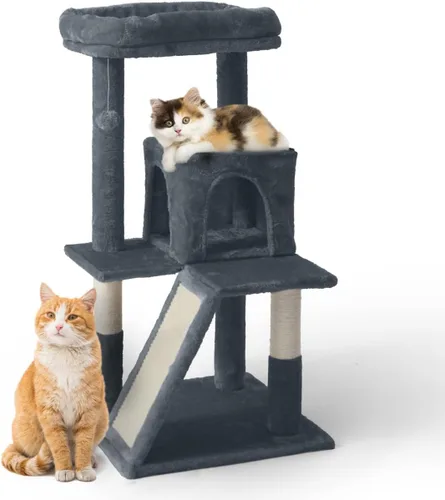Vista 10 de BOWHAUS Árbol alto para gatos grandes o gatitos de interior, árbol de actividades para gatos de varios niveles con postes rascadores, hamaca