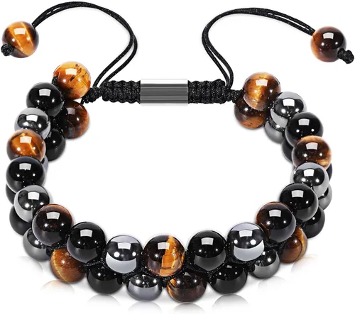 Vista 8 de Pulsera de Triple Protección - Para Protección - Trae Suerte y Prosperidad - Hematita - Obsidiana Negra - Ojo de Tigre - Pulsera de Piedra