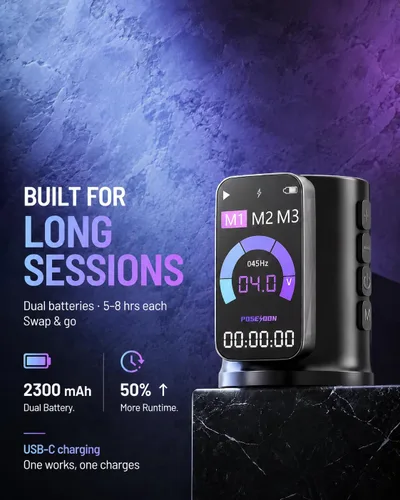 Vista 4 de Poseidon Kit de pistola de tatuaje inalámbrico 7 tiempos 2300mAh batería Negro-144