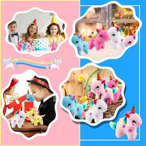 Vista 5 de Paquete de 16 mini juguetes de unicornio de peluche, pequeño unicornio de peluche, lindo llavero de peluche, juguetes a granel para Navidad