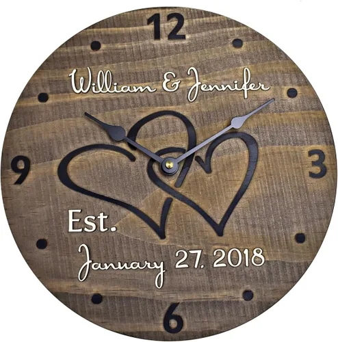 Vista 6 de Reloj de pared de madera personalizado de 11 pulgadas con corazones entrelazados para pareja, madera hecha a mano