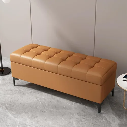 Vista 10 de Tufted Leather Storage Bench End of Bed Upholstered Entryway Ottoman Chest Café claro