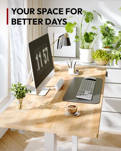 Vista 8 de SANODESK Escritorio de pie de madera maciza de caucho con motor dual 48"x24 Mesa natural + marco blanco
