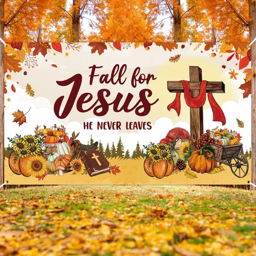 Vista 6 de WATINC Decoración de pancarta extragrande de otoño para Jesús, con texto en inglés "Fall for Jesus" ("Fall for Jesus", "El nunca deja"), fondo