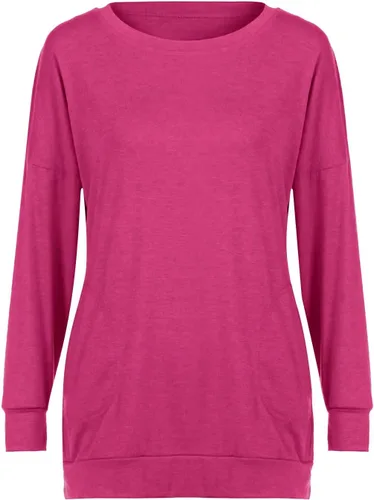 Vista 3 de Muyise Blusa casual de manga larga para mujer, color liso, cuello redondo, cómoda, holgada, con bolsillos