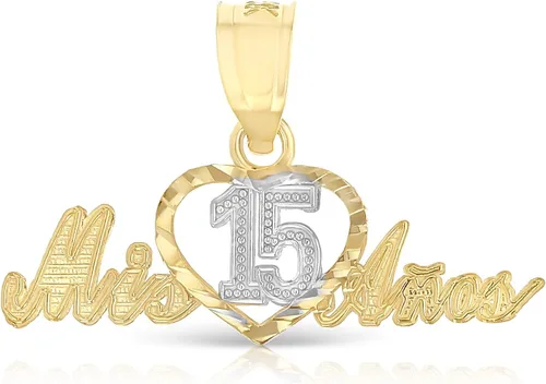 Vista 3 de Colgante de oro de dos tonos de 14 quilates dulce 15 años Quinceañera corazón Mis 15 anos con cadena Valentino de 0.059 in