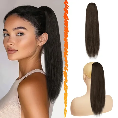 Vista 33 de Barsdar Extensión de cola de caballo marrón oscuro - Extensiones de cola de caballo cortas y rectas de 14 pulgadas con cordón para mujeres
