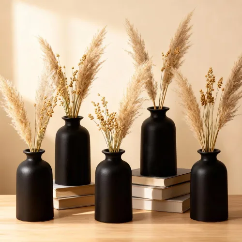 Vista 9 de Juego de 6 jarrones de cerámica negra, jarrones pequeños de 5 pulgadas para flores secas o plantas de casa, jarrones decorativos bohemios modernos