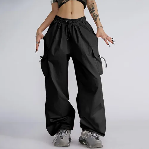 Vista 2 de Pantalones cargo holgados de cintura baja para mujer, con cordón, pierna ancha, holgados, con bolsillos, pantalones deportivos