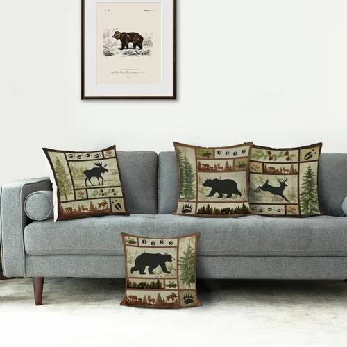 Vista 2 de Bonhause Juego de 4 fundas de almohada rústicas de oso de cabaña de 16 x 16 pulgadas, fundas decorativas de poliéster y lino para exteriores