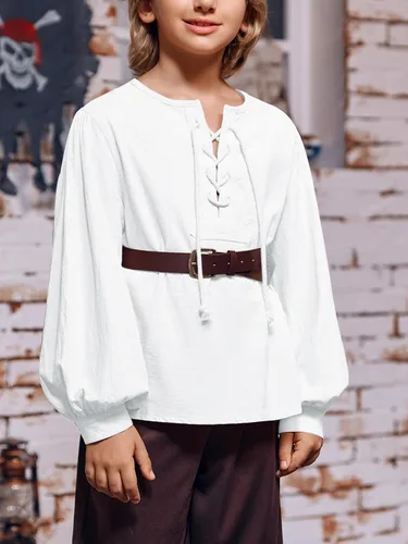 Vista 3 de Makkrom Camisa de disfraces para niño, medieval, renacentista, Halloween, jacobita escocés, Ghillie, con cordones, para niños de 5 a 14 años