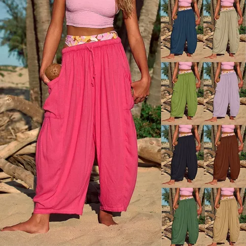 Vista 2 de Quinn - Pantalones de lino para mujer, talla grande, de pierna ancha, con bolsillos, holgados, hippie, harén, bohemios, para playa