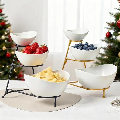 Vista 7 de Gomakren - Juego de cuencos ovalados de 3 niveles, soporte plegable de metal negro Multi-capacity porcelain bowls holiday party display, stable