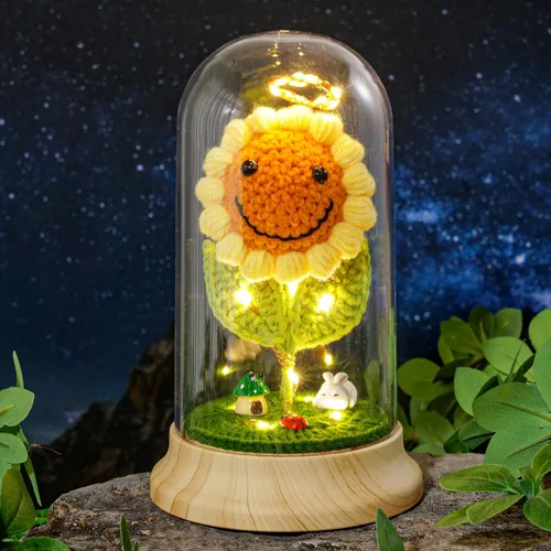 Vista 11 de Regalos de girasol de ganchillo para mujeres, regalos de cumpleaños de flores de sol artificiales para abuela, en cúpula de plástico girasol