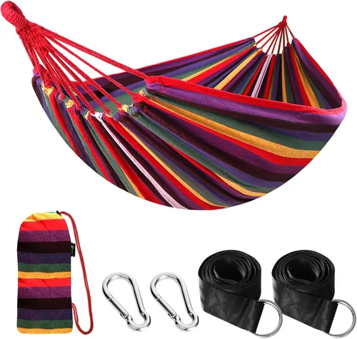Vista 8 de Anyoo - Hamaca de algodón para jardín, con correas para colgar, hasta 660 libras, hamaca portátil con bolsa de viaje, perfecta para acampar al aire