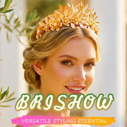 Vista 3 de Brishow Diadema de tiara de hoja dorada, corona de laurel griega con flores de perlas para mujer