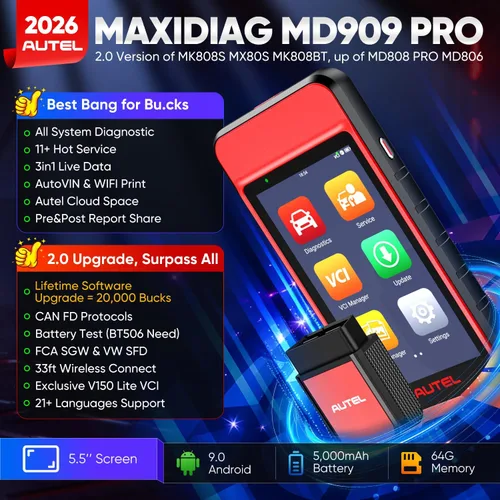 Vista 2 de Autel Escáner MaxiDiag MD909 PRO OBD2, lector de códigos de automóvil MD909PRO 2026, herramienta de diagnóstico de todos los sistemas, 11 servicios