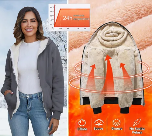 Vista 4 de Flygo Sudadera con capucha para mujer, con cremallera, forro polar, tipo sherpa, abrigada, chaqueta de invierno Gris ceniza