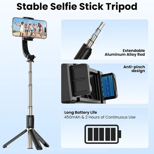 Vista 14 de Estabilizador de cardán para smartphone, cardán de mano de equilibrio automático de 1 eje, trípode extensible giratorio de 360°, control remoto Negro