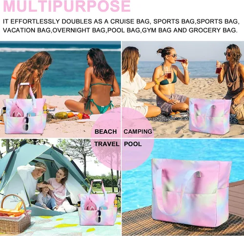 Vista 6 de Bolsa de playa y piscina para mujer, grande, bolsa de gimnasio con compartimento húmedo para viajes, impermeable