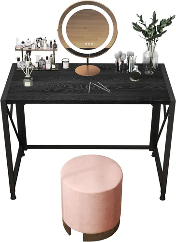 Vista 13 de COMHOMA Escritorio de tocador de maquillaje con espejo y luces, juego de mesa de tocador y silla con 5 cajones y estación de carga, cómoda
