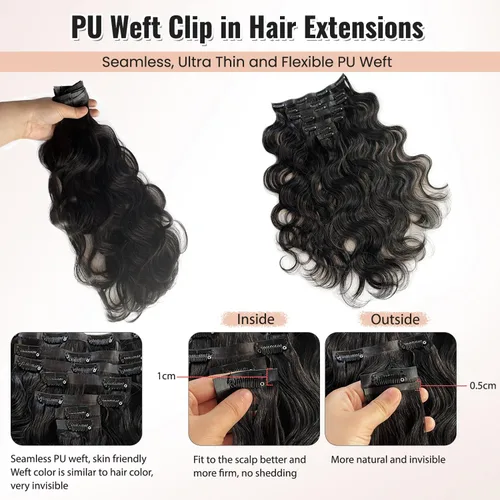 Vista 3 de Extensiones de cabello humano ondulado sin costuras, cabello humano real 10A, 12 pies 2.82 oz, negro, ondulado
