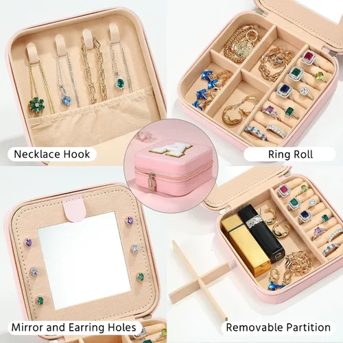 Vista 4 de Organizador de joyas y joyero de viaje, 2 piezas de regalo rosa, estuche de viaje para mujeres, organizador de joyas de viaje para mujeres, regalos
