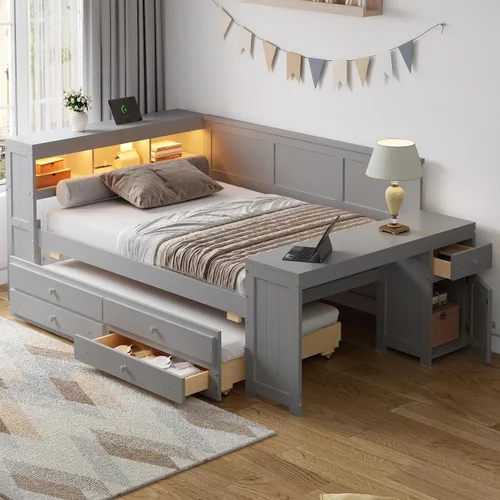 Vista 9 de Cama doble capitán con nido y cajones para niños, adolescentes y adultos, gris