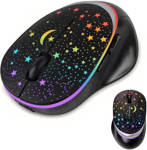 Vista 7 de elec Space Ratón inalámbrico Bluetooth con retroiluminación RGB de cielo estrellado y luz de respiración degradada, mouse ergonómico recargable