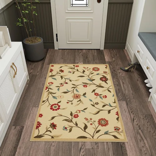 Vista 55 de Ottomanson, colección OttoHome, tapete para corredor con diseño azul claro y damasco (antiderrapante), parte trasera de goma Floral Beige