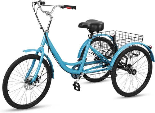 Vista 9 de Triciclo para adultos de 7 velocidades, bicicletas de 3 ruedas de 24 pulgadas, bicicleta de triciclo para adultos con cestas extraíbles, bicicleta