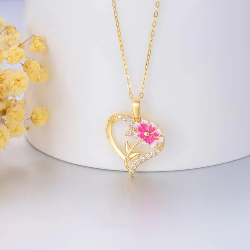Vista 16 de Collar de flor de nacimiento de oro real de 14 quilates para mujer, oro amarillo creado moissanita con colgante de corazón, collares