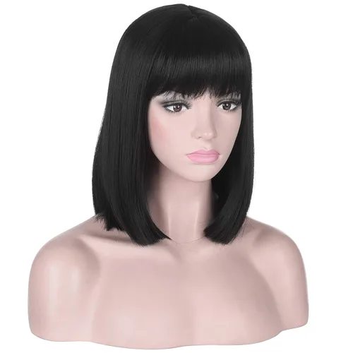 Vista 3 de Peluca corta y recta negra con flequillo para mujer Pelucas de cabello sintético resistente al calor natural