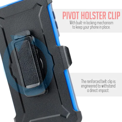 Vista 4 de Funda diseñada para Samsung Galaxy A02S, con soporte giratorio de vidrio templado con clip para cinturón, funda protectora de cuerpo completo Azul