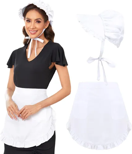 Vista 4 de Waist Apron Bonnet Set Colonial Cap Vintage Maid Hat Apron With Pockets Cooking Costume