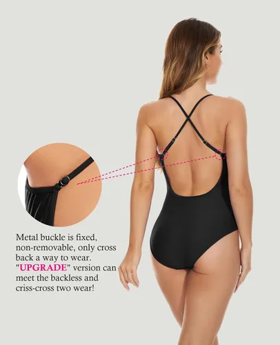 Vista 3 de speerise Traje de baño retro de una pieza con espalda cruzada, espalda descubierta, control de abdomen, traje de baño con correa ajustable