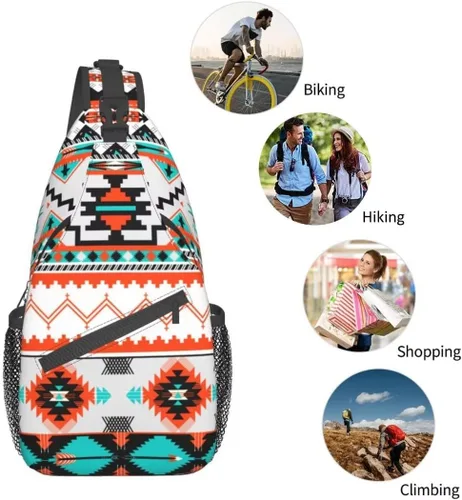 Vista 5 de Bolso bandolera con diseño azteca, mochila cruzada del suroeste nativo americano geométrico cheurón colorido patrón azteca deportes viajes