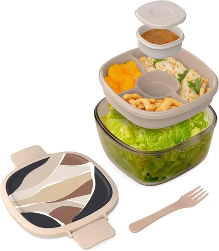 Vista 8 de Bentgo Recipiente de Ensalada de Vidrio Todo en Uno - Ensaladera Grande de 61 oz con Tapa, Bandeja Estilo Bento de 4 Compartimentos, Recipiente