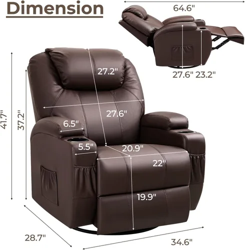 Vista 2 de Furniwell Rocker - Silla reclinable con masaje para ancianos, sofá mecedora ajustable de cuero giratorio de 360° para sala de estar con control