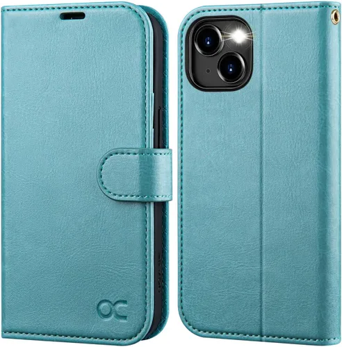 Vista 13 de OCASE Funda tipo cartera compatible con iPhone 15 Plus, de piel sintética, con tarjetero, bloqueo RFID, soporte para teléfono