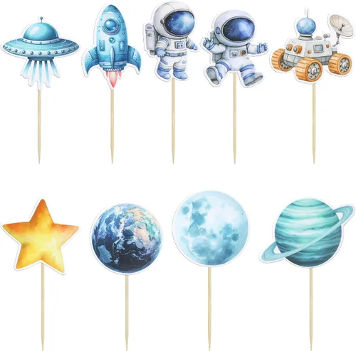 Vista 3 de Gyufise 36 piezas de astronauta espacial para cupcakes, planeta, cohete, telescopio, viaje a la luna, para cupcakes para el espacio exterior, baby