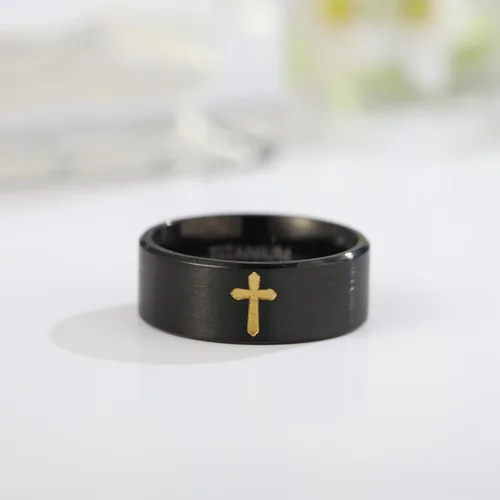 Vista 5 de Anillos de cruz para hombre, anillos de titanio puro de alta calidad para hombres, señor Jesús cristiano, 0.315 in, negro, plata, anillo de boda