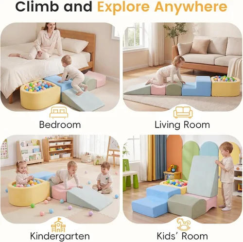 Vista 8 de INFANS Juguetes de escalada para niños pequeños, bloques de escalada de espuma y pozo de pelotas para bebé, juego de estructura de actividad de 5