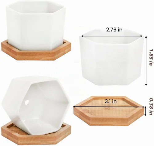 Vista 3 de Foraineam Paquete de 10 mini macetas para suculentas, 2.76 pulgadas hexagonales de cerámica blanca con bandeja de bambú